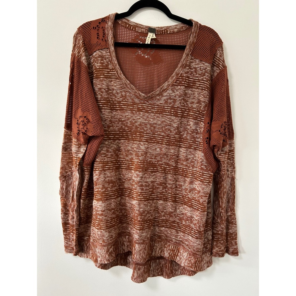 We The Free Free People Rust Space Dye Crochet Mesh V-Neck Top‎ Womens Large